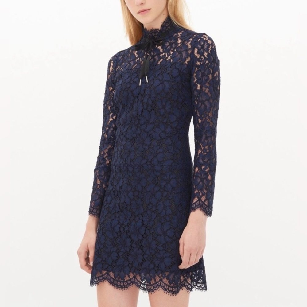 SANDRO Paris Rina Long Sleeve Lace Dress Navy‎ Blue FR 2 or S Wedding Cocktail